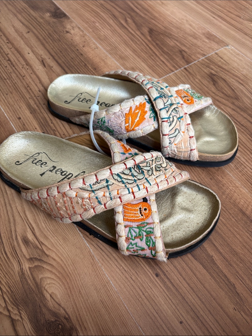 Free People parrot Peach Embroidered Cross-Strap Slide Sandals